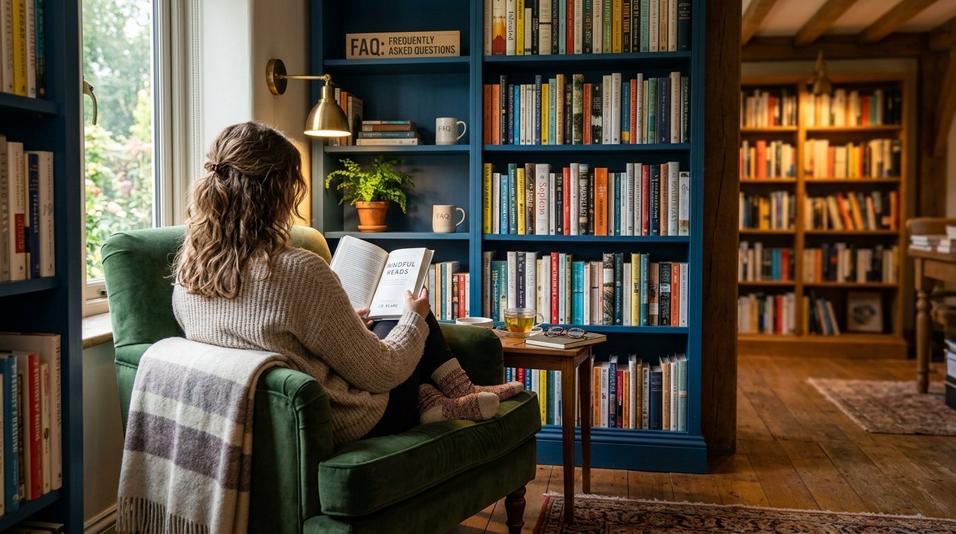 A person with wavy hair sitting in a green velvet chair, reading a book inside a home library with blue bookshelves.