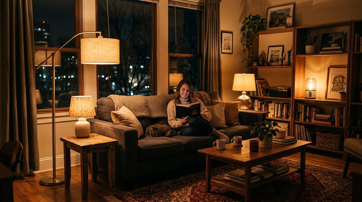 Young woman reading a book with a sleeping tabby cat on a couch in a warm, dimly lit living room at night.