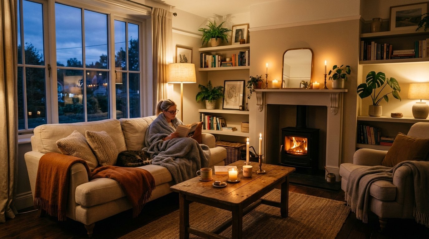 A blonde woman reading a book on a beige couch with a cat in a warmly lit living room at night.