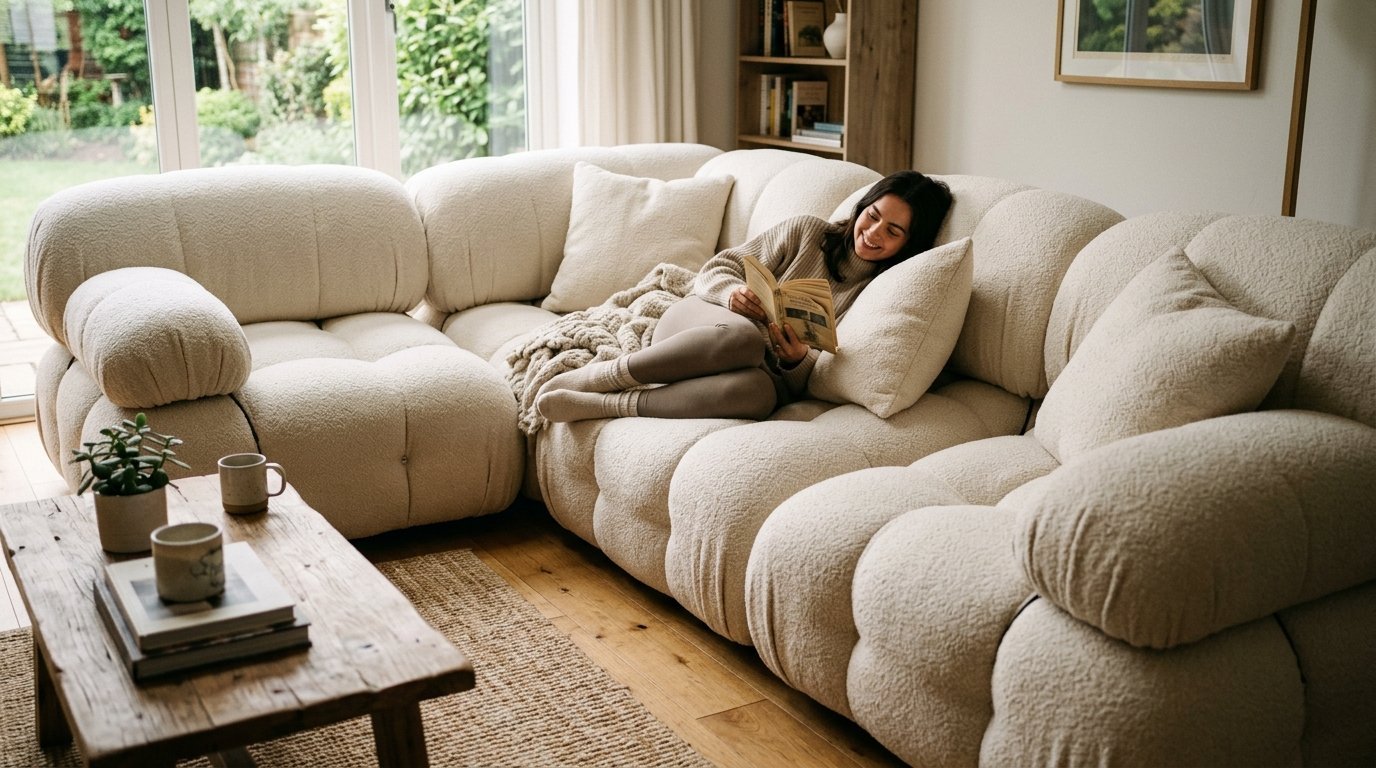 Young woman in loungewear reading a book while curled up on a large, cream-colored modular sectional couch.