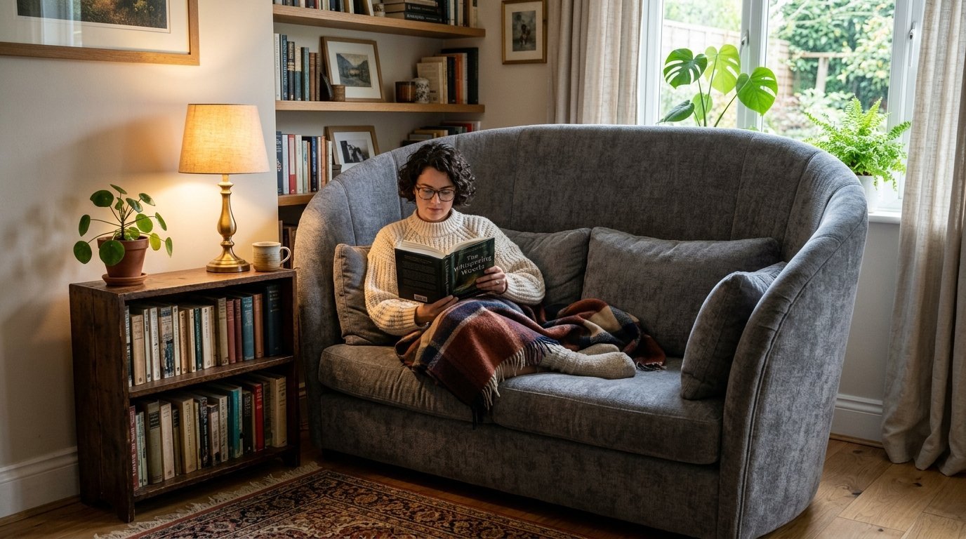 A curly-haired woman sits on a rounded grey couch reading a book while wrapped in a plaid blanket.