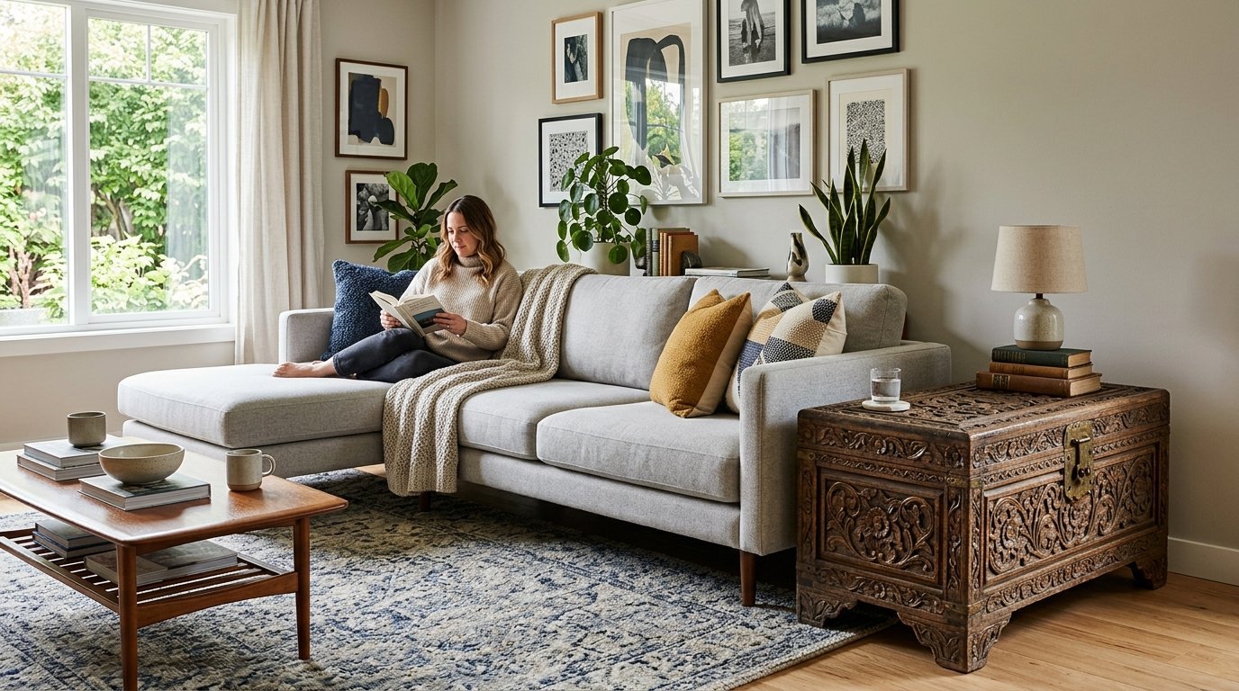 Young woman sitting on a light grey sectional couch in a living room with gallery wall decor and carved wooden trunk.