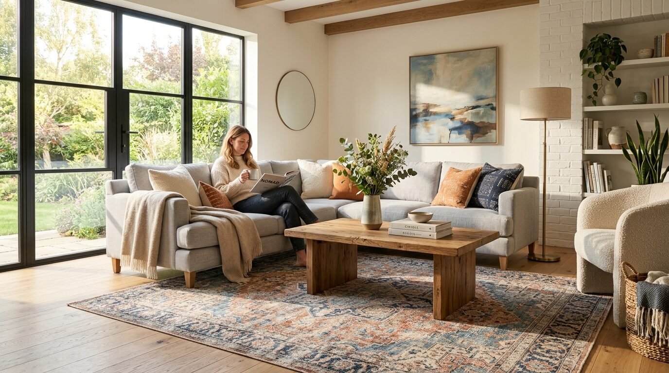 A person sits on a neutral sectional sofa reading a magazine in a sunlit living room with wood furniture.