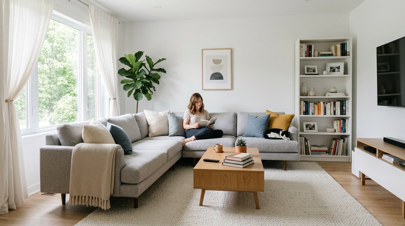 A woman relaxes on a light grey sectional sofa in a sunlit living room with her cat sleeping next to her.