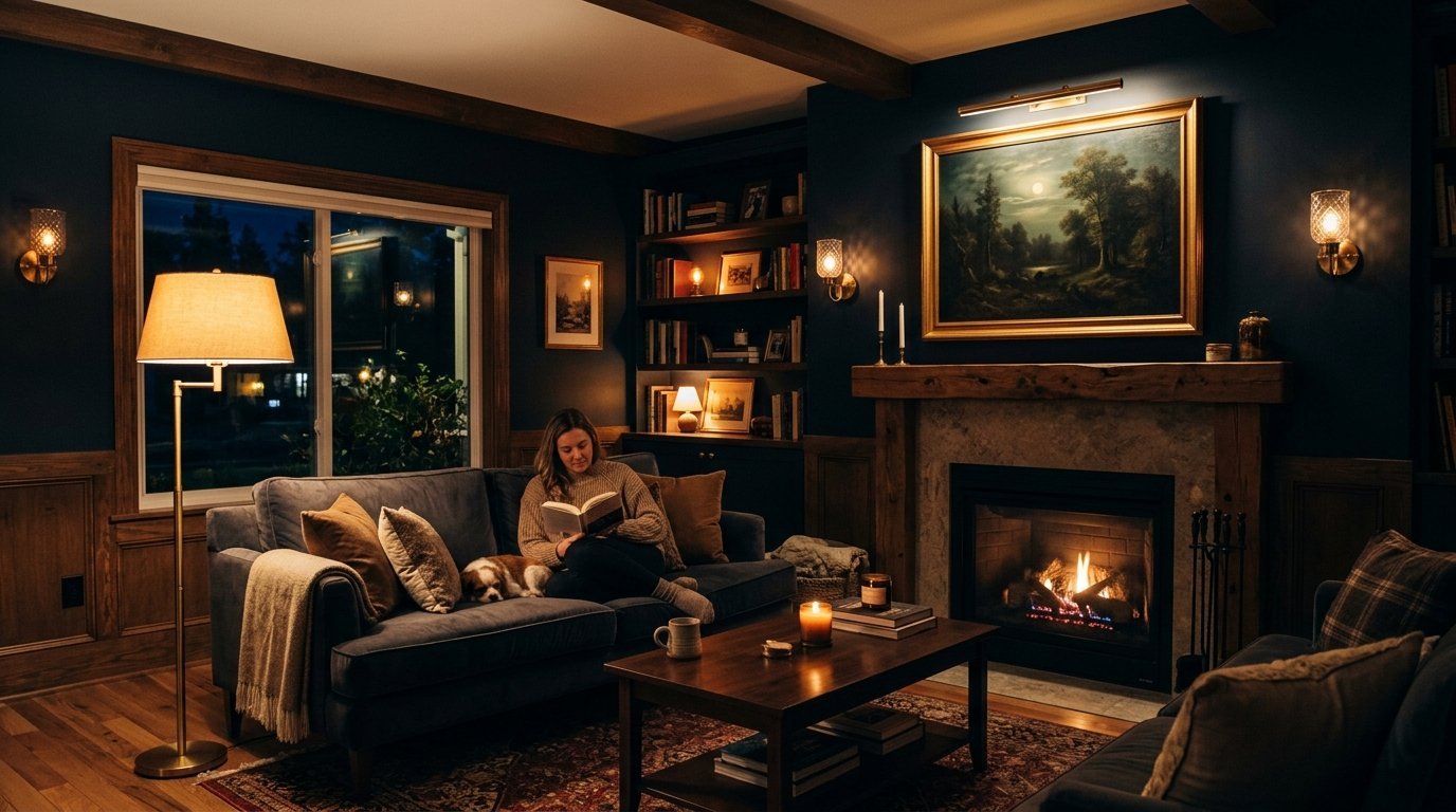 A woman reads a book on a dark blue sofa next to a cozy fireplace with a small dog sleeping beside her.