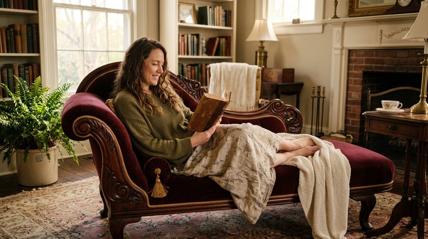 A smiling woman sits on a deep red velvet chaise lounge in a library, reading an old book with a cozy blanket.