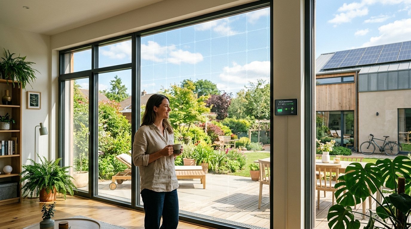 A woman stands in a sunlit living room looking through a solar window display showing active power generation stats.
