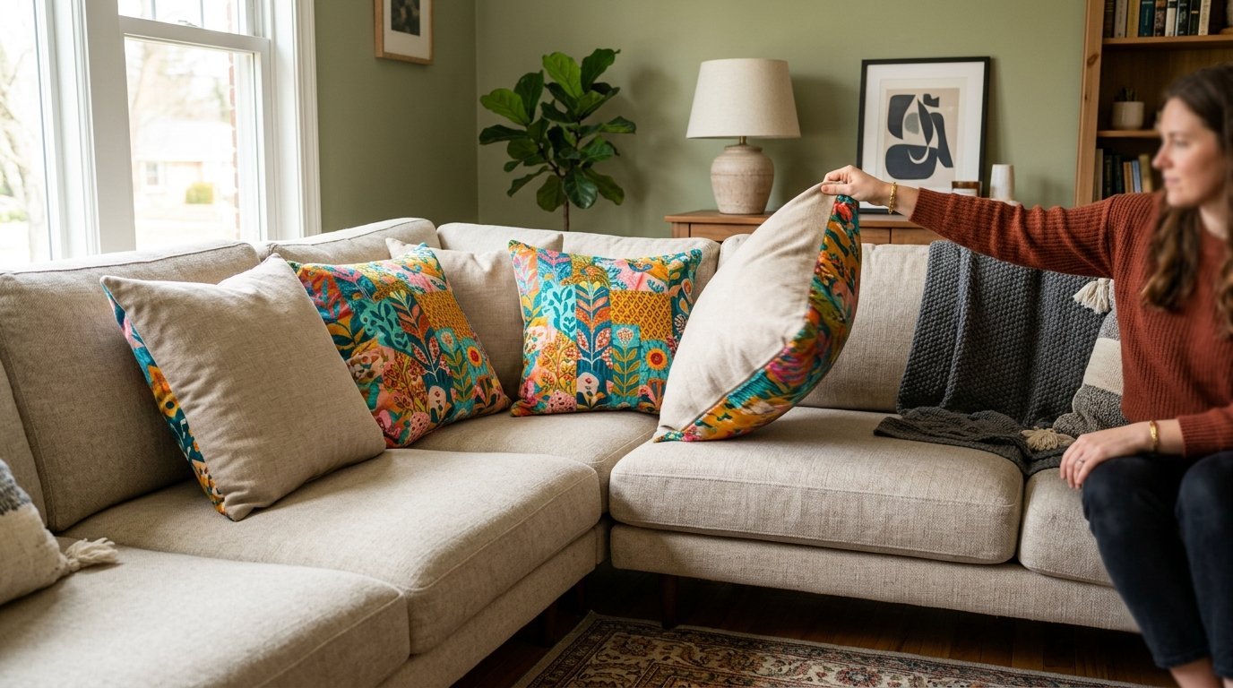 Person holding a double-sided throw pillow with floral print against a light gray couch in a living room.