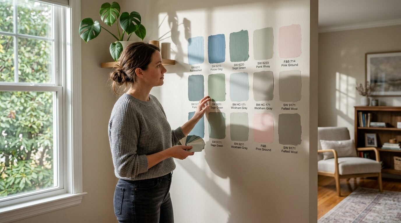 Woman in a grey sweater comparing a paint sample fan deck to colors painted on a white interior wall.