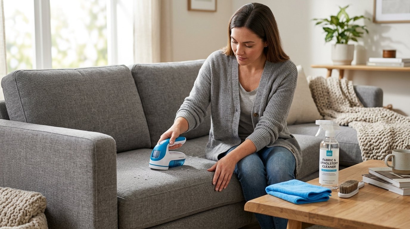 A woman in a grey cardigan uses an electric blue and white fabric shaver on a grey couch.