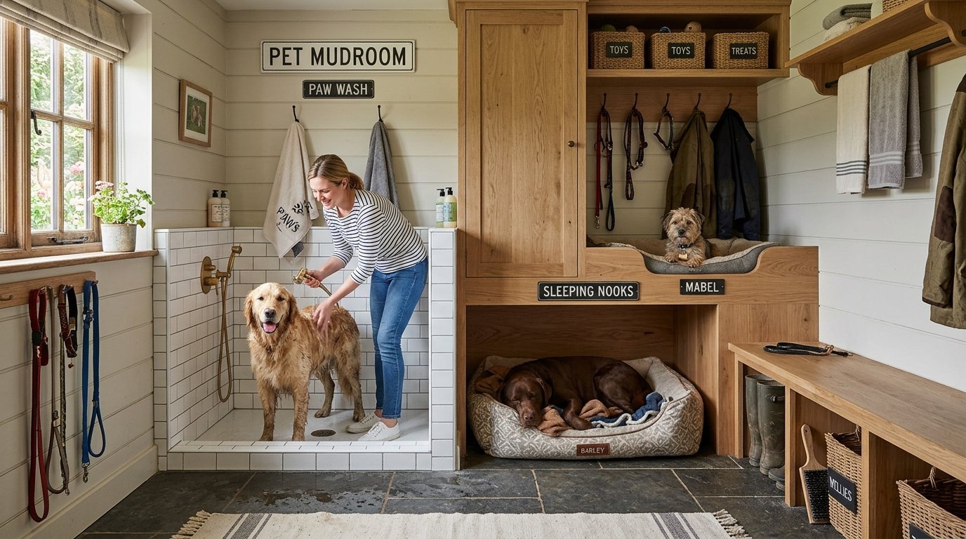 A woman washes a golden retriever in a tiled shower stall within a custom pet mudroom featuring integrated dog beds.
