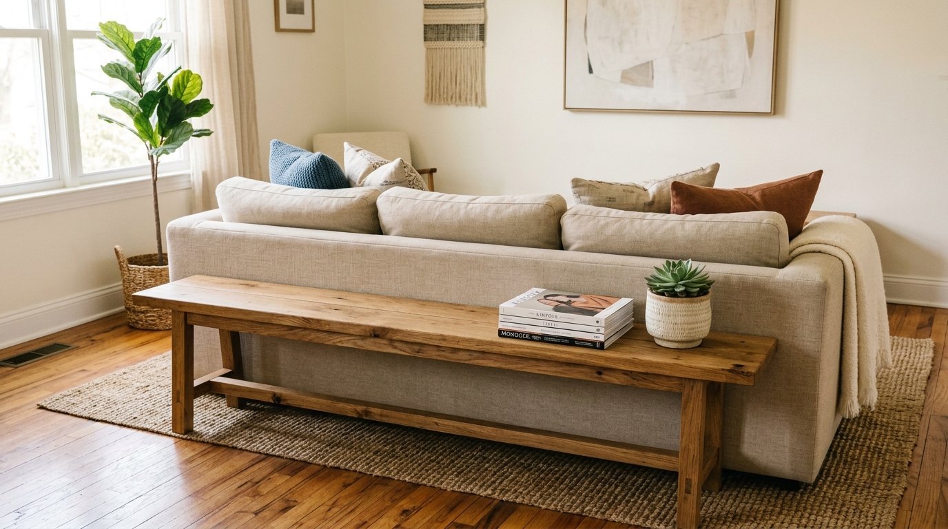 A long wood console bench sits behind a neutral couch topped with stacked magazines and a small potted succulent.