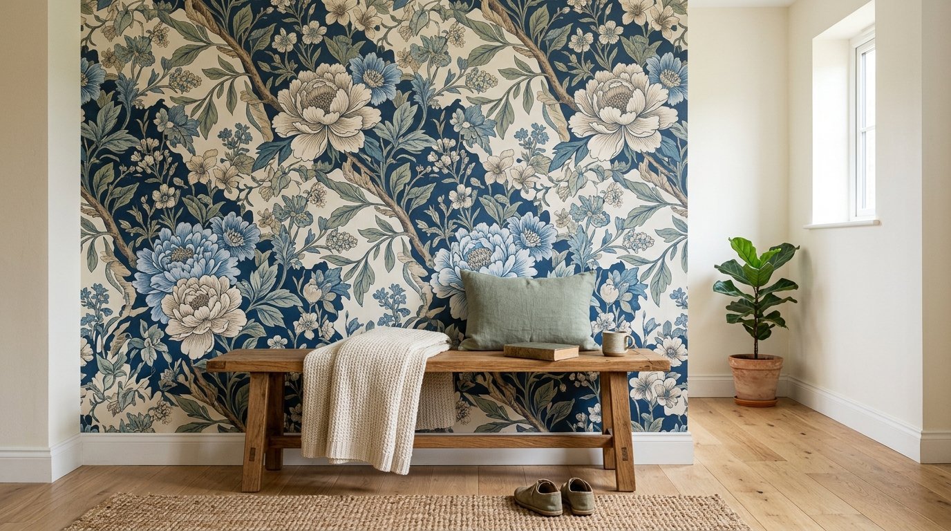 A hallway featuring a wooden bench, a knitted throw, and a green pillow in front of decorative botanical wallpaper.