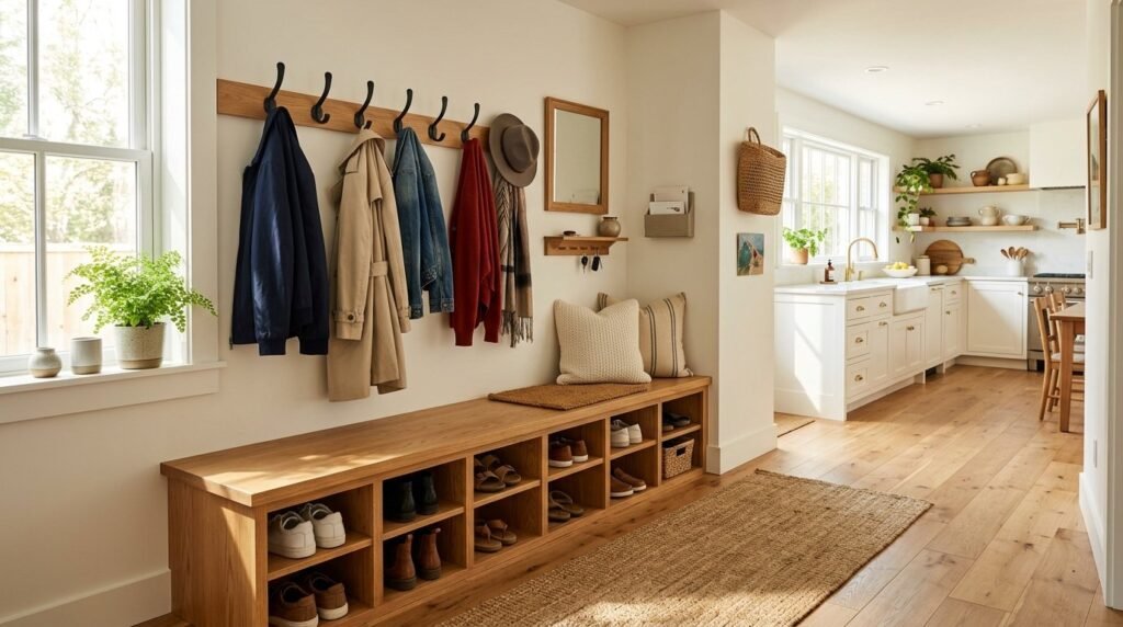 A high-quality wooden bench situated in a quiet, sunlit park landscape.