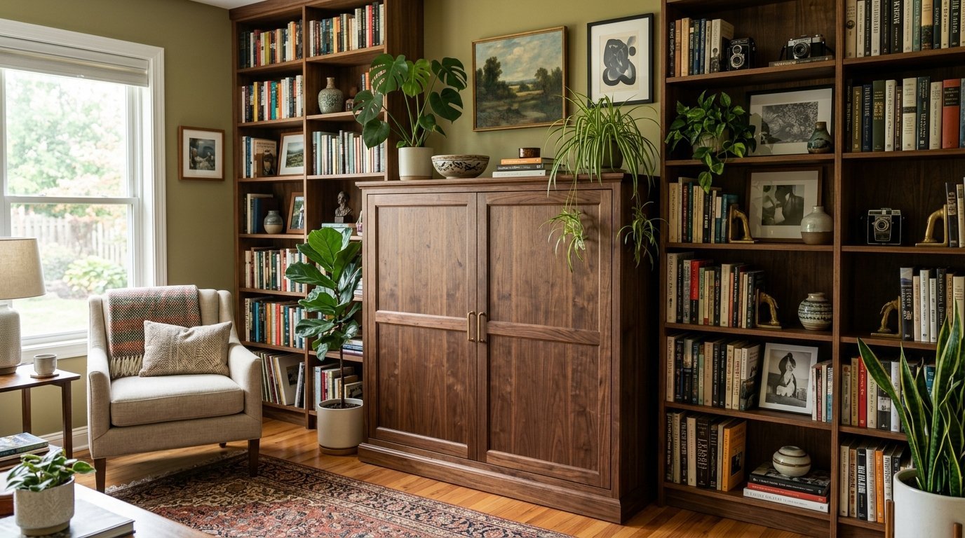 A comfortable armchair sits near walnut bookshelves filled with books and indoor plants in a green-walled room.