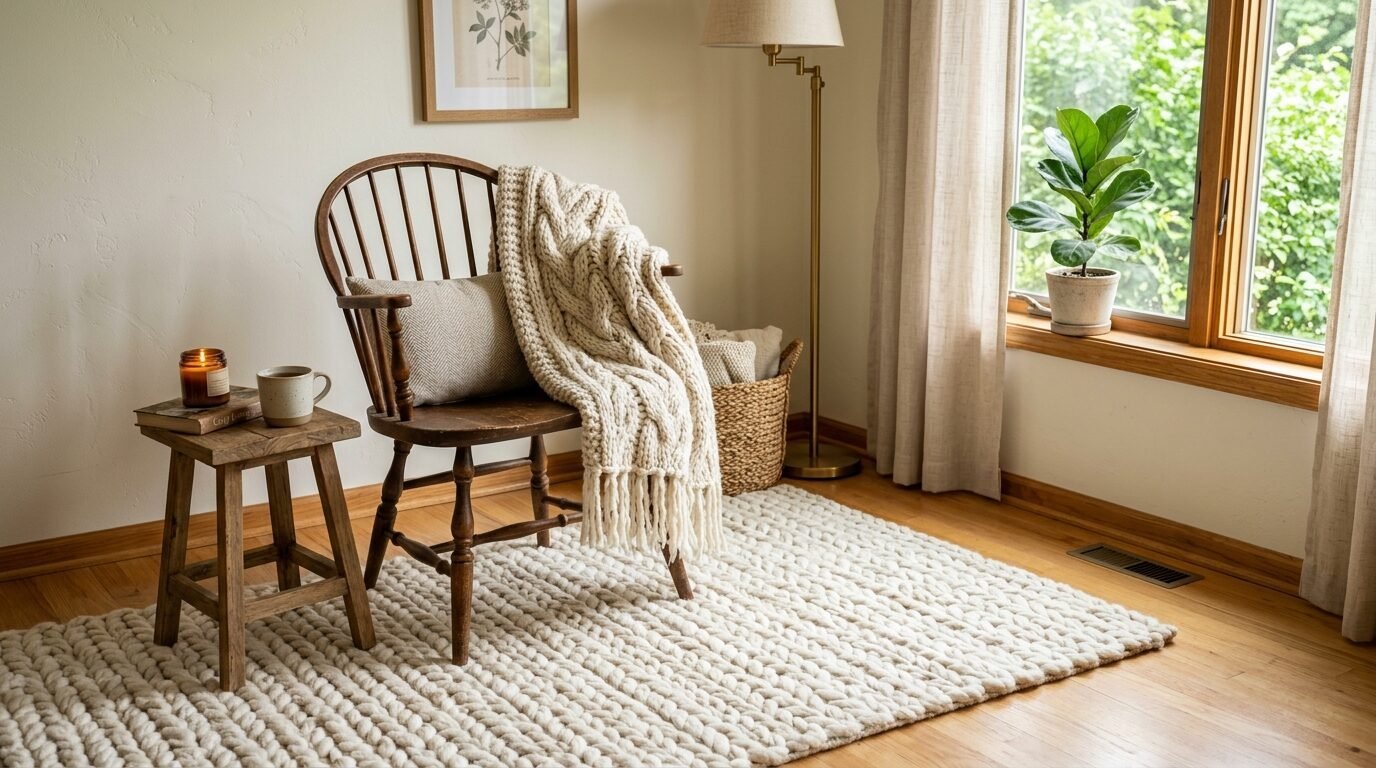 Vintage dark wood chair draped with a chunky knit blanket sitting on a textured off-white rug by a window.