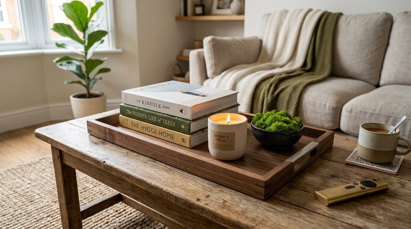 Coffee table featuring a wooden tray with books, a lit candle, and a bowl of green moss in a cozy living room.