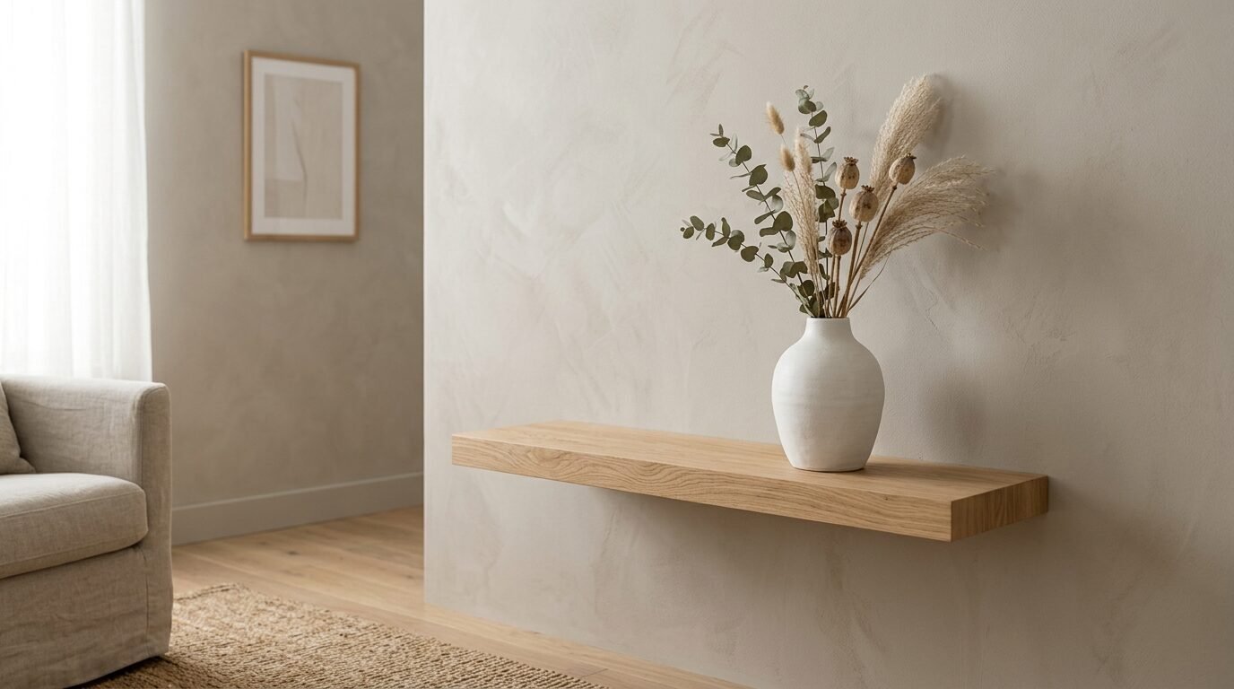 White ceramic vase containing dried eucalyptus and pampas grass on a light oak floating shelf against a neutral wall.