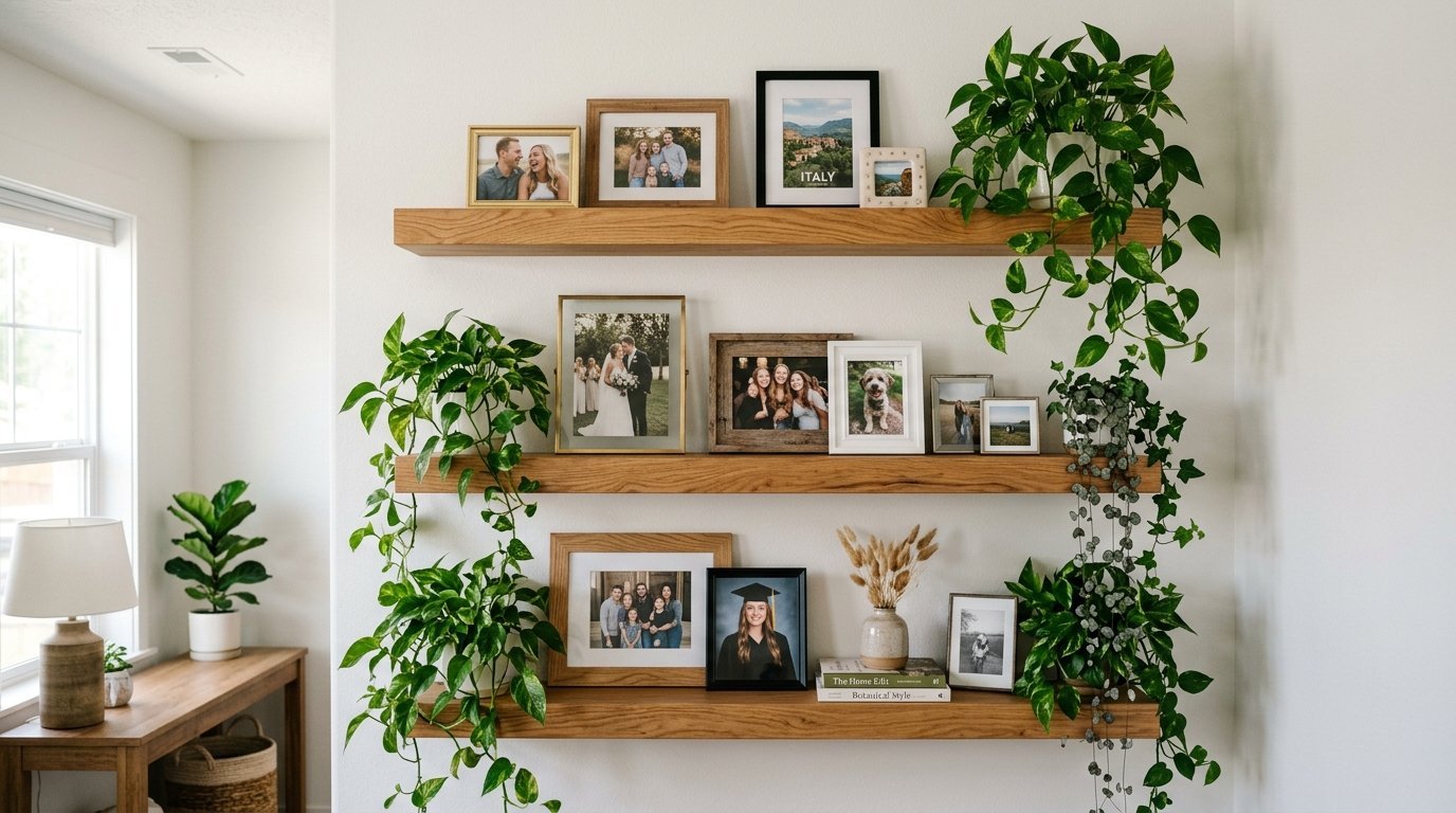 Layered wood shelves on a white wall displaying framed pictures, trailing pothos vines, and decorative vases.