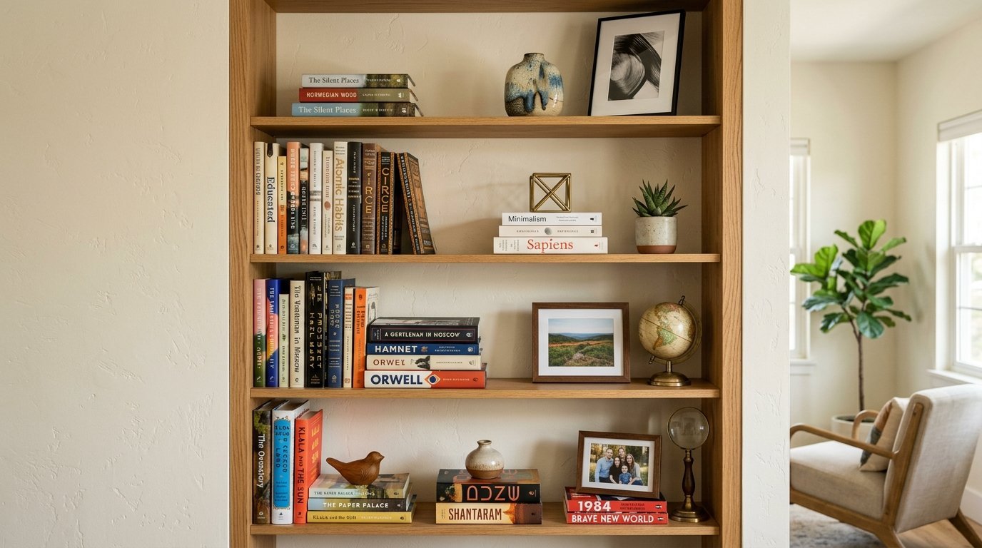Modern wooden shelves filled with organized books, home decor, framed photos, and a small globe.
