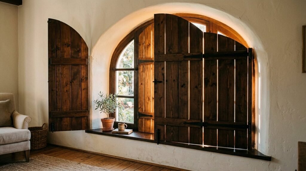 Closed wooden shutters covering an elegant arched window frame on a sunny day.