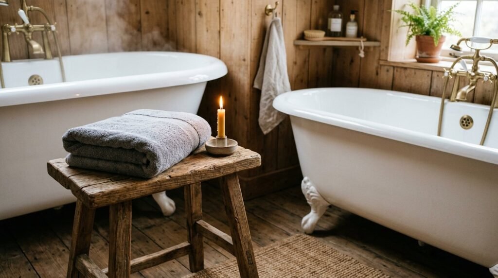 A simple wooden stool standing against a clean white wall in a bright room.