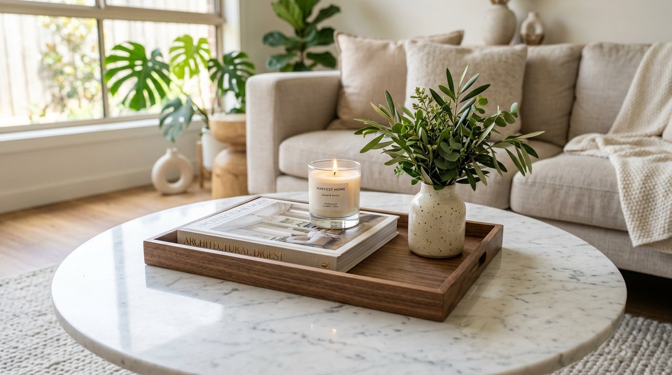 Wooden serving tray featuring a book, a lit candle, and a ceramic vase with greenery on a round marble coffee table.
