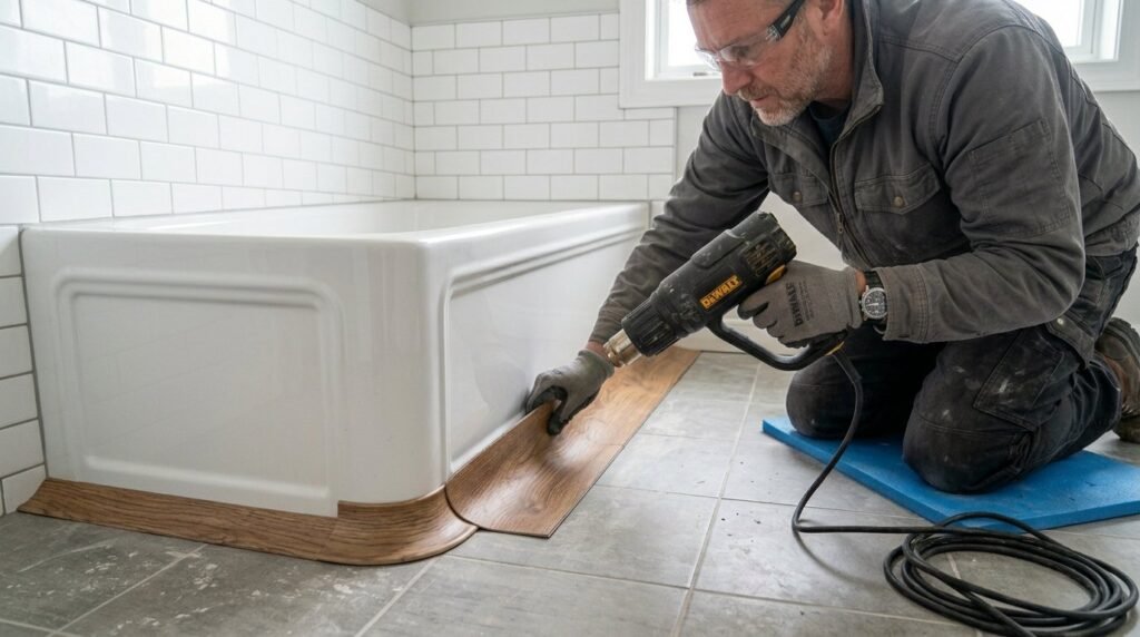 A technician using a heat gun to soften and shape vinyl material for professional installation.
