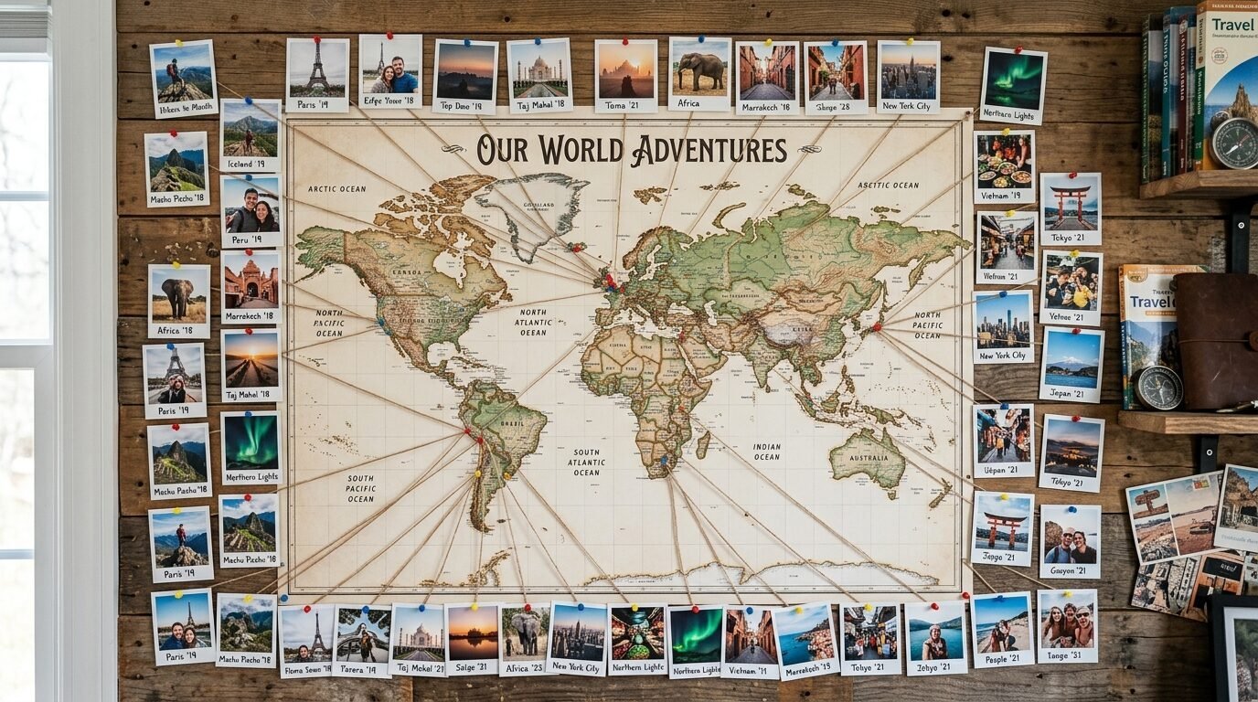 A world map on wood planks surrounded by polaroid photos connected to specific locations with string.
