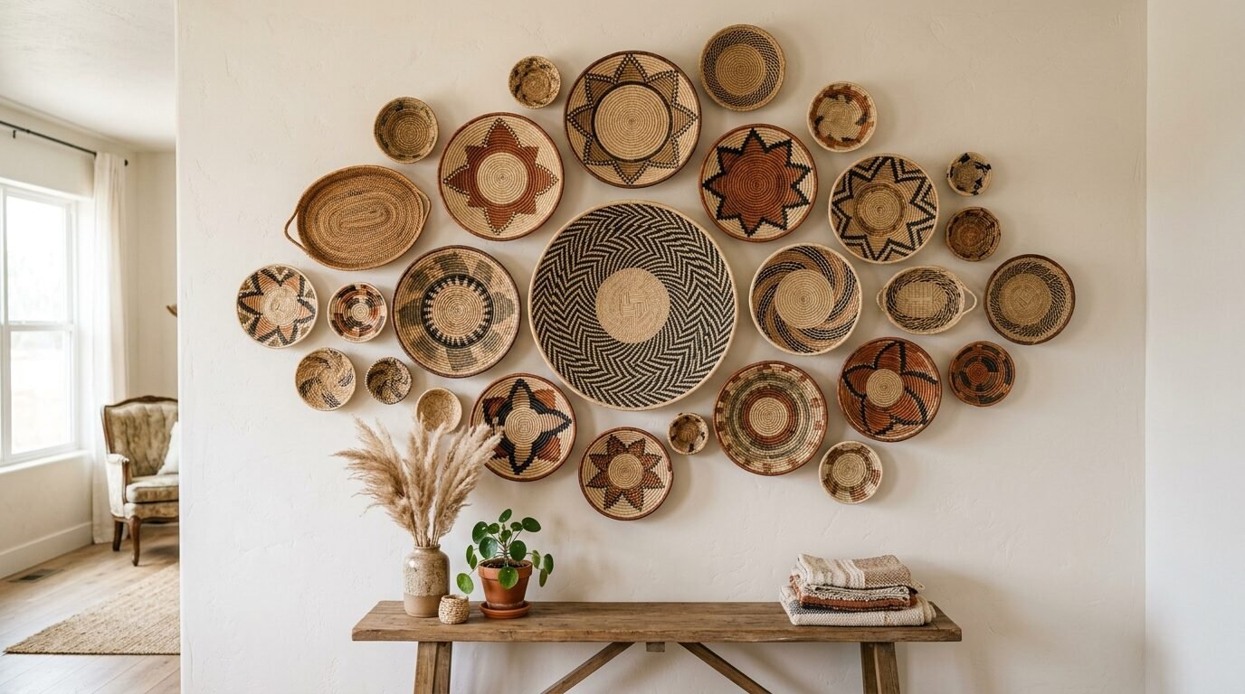 An array of decorative woven wall baskets in geometric patterns hangs above a wooden bench with a plant and pampas grass.