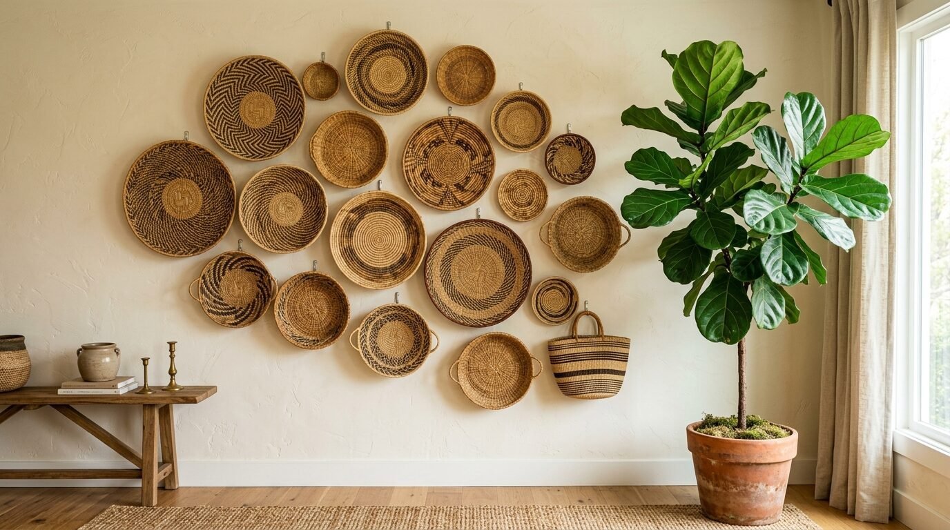 Decorative handwoven round wicker baskets displayed on a beige wall beside a large potted fiddle leaf fig tree.