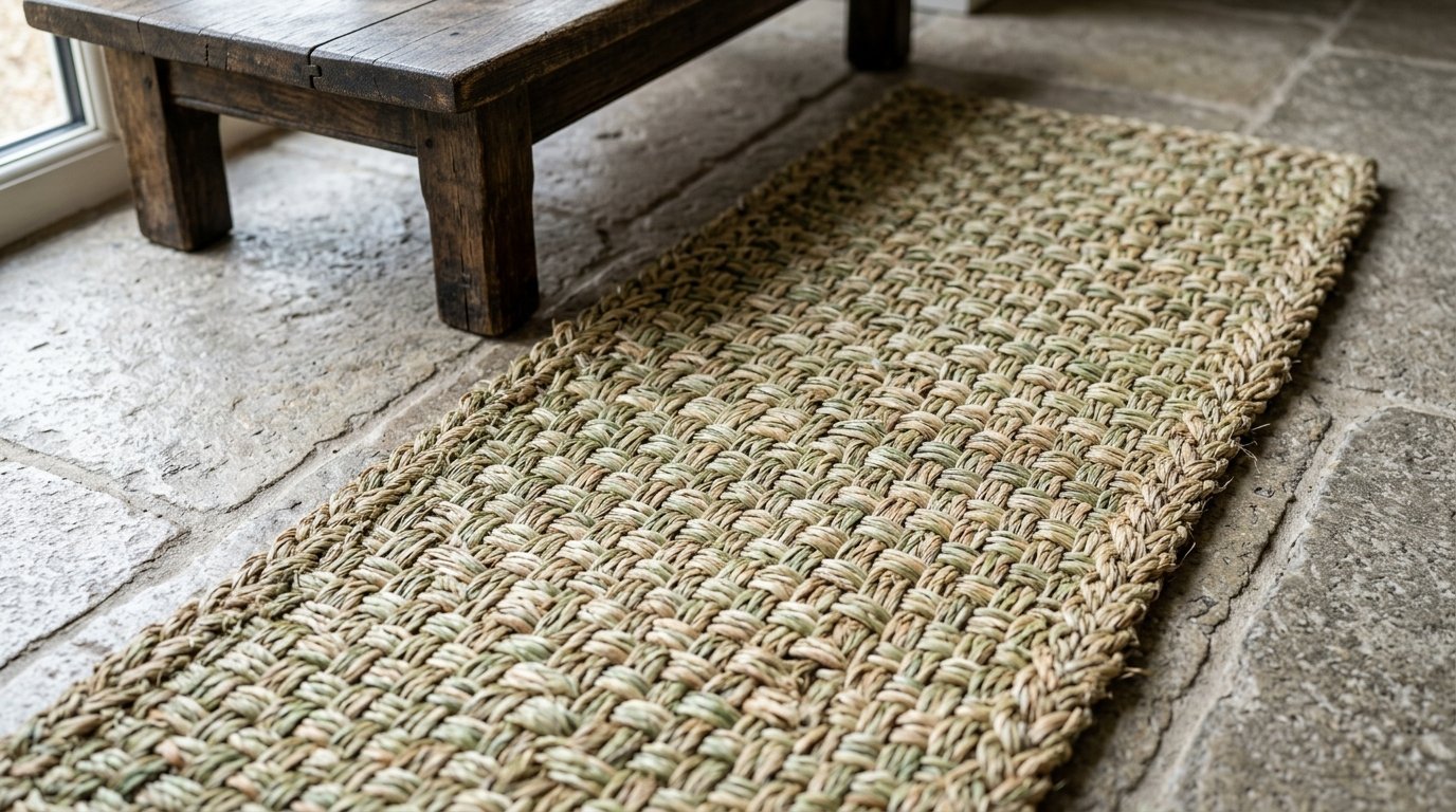 A rectangular, thick-woven seagrass rug runner lying on a grey slate tile floor next to a dark wooden low bench.