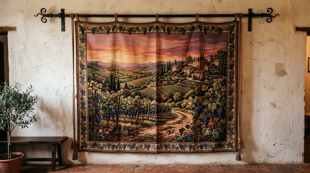 A close-up view of a high-quality woven tapestry with intricate artistic patterns and textures.