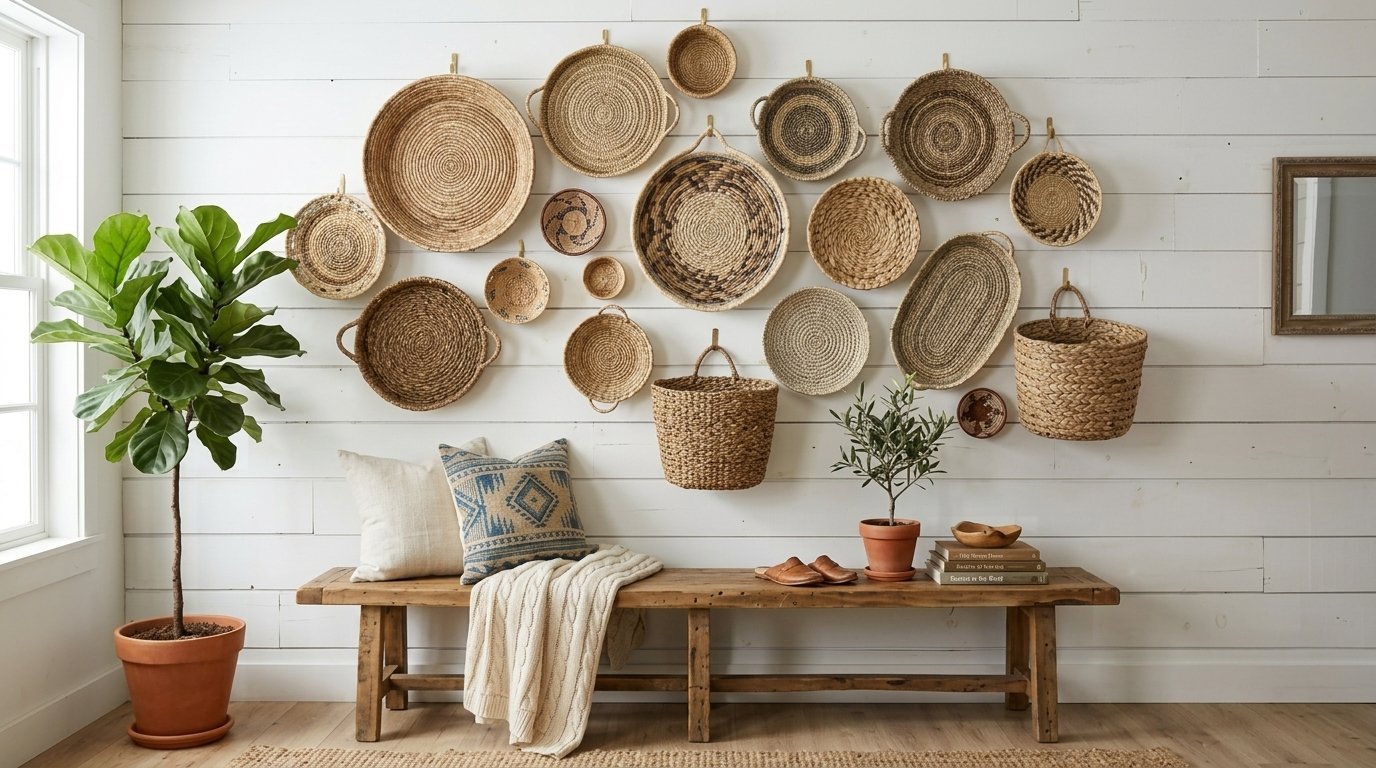A collection of various round woven baskets hung as gallery wall art above a wooden bench in a bright living space.