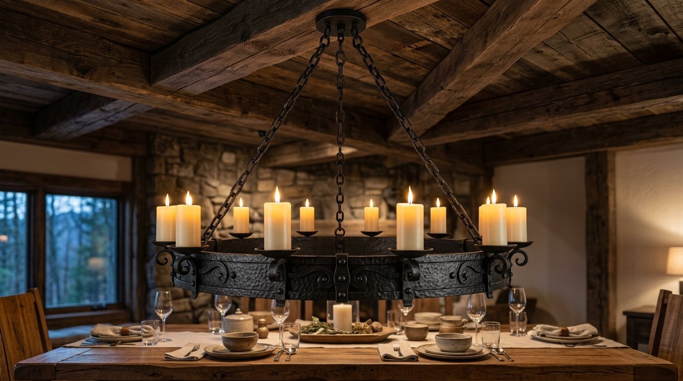 A circular wrought iron chandelier featuring numerous lit pillar candles hanging over a set dining room table.