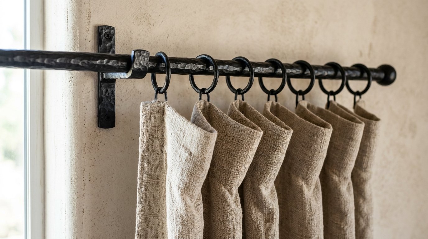 Close-up of a textured dark iron rod holding beige linen curtains with circular rings against a stucco wall.