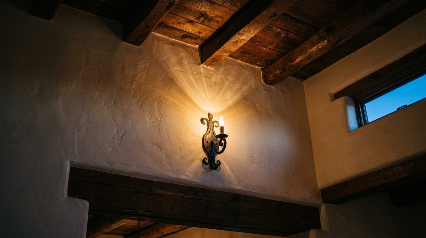 Close-up of a decorative metal candle light mounted on a wall under wooden ceiling beams.