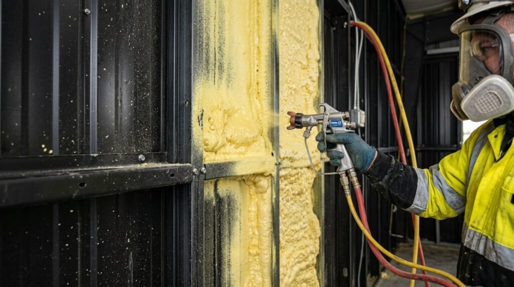 Close-up view of yellow spray foam insulation being applied during a construction project.