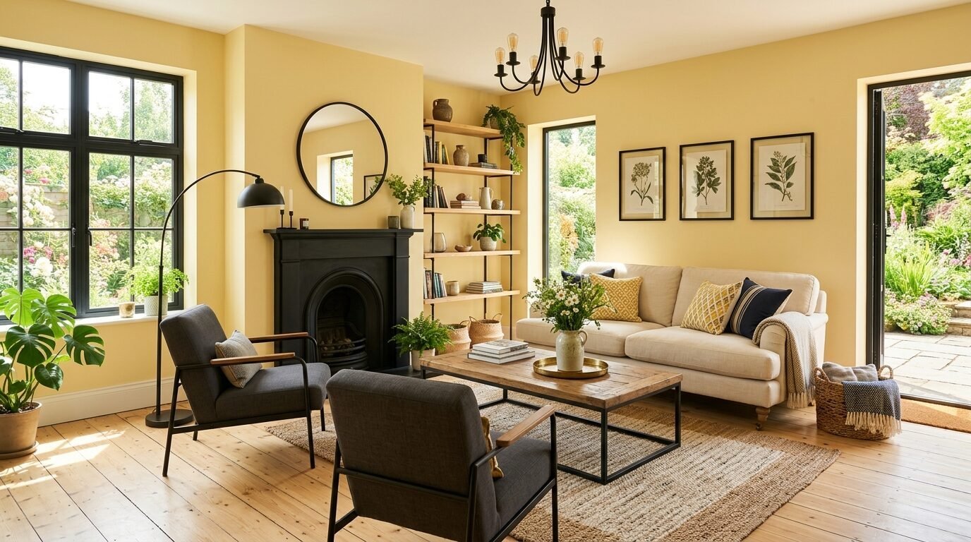 Modern living room featuring yellow walls, a black fireplace, two grey armchairs, and a beige sofa on a jute rug.