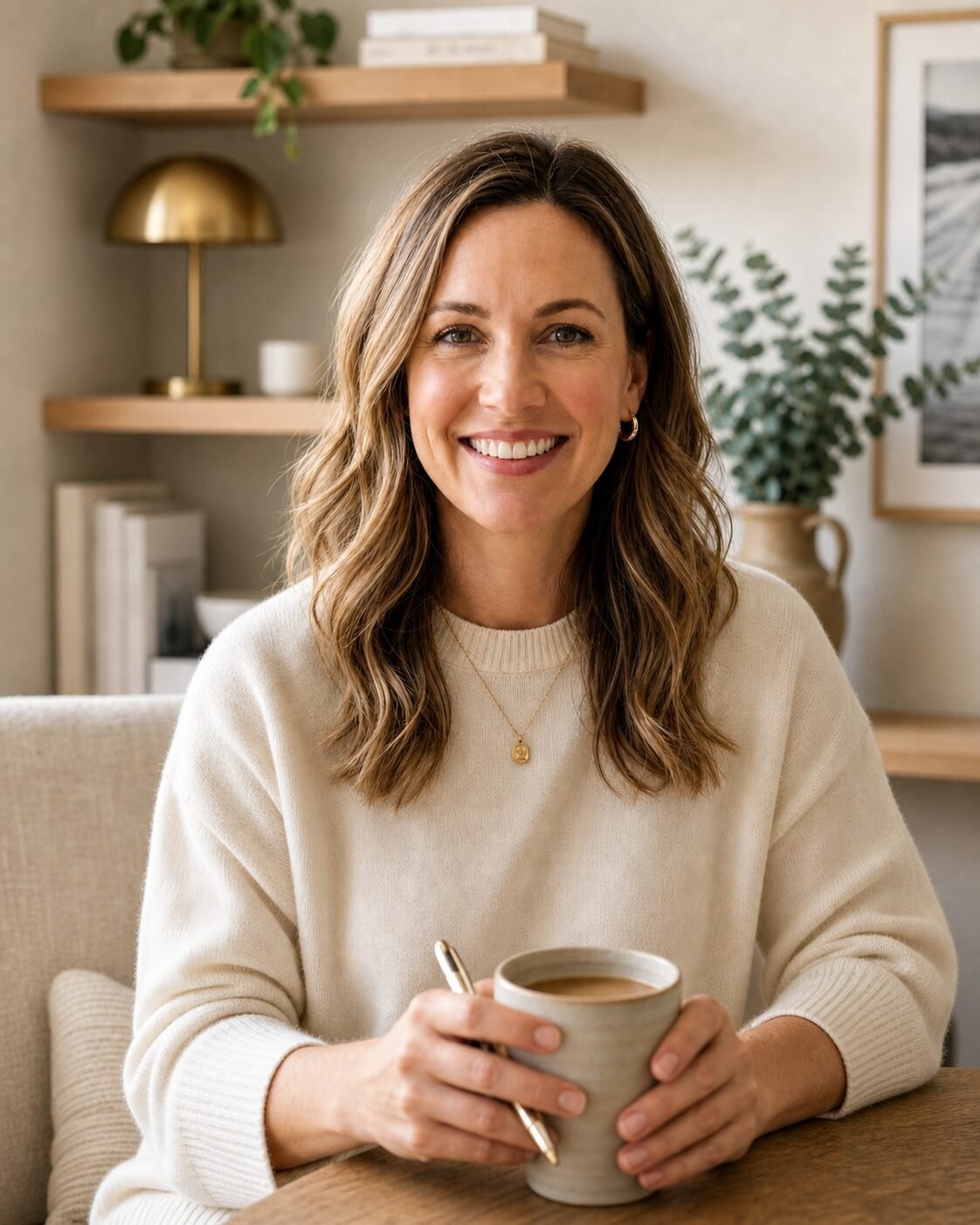 A friendly woman with wavy brown hair holding a ceramic coffee cup while sitting at a desk.