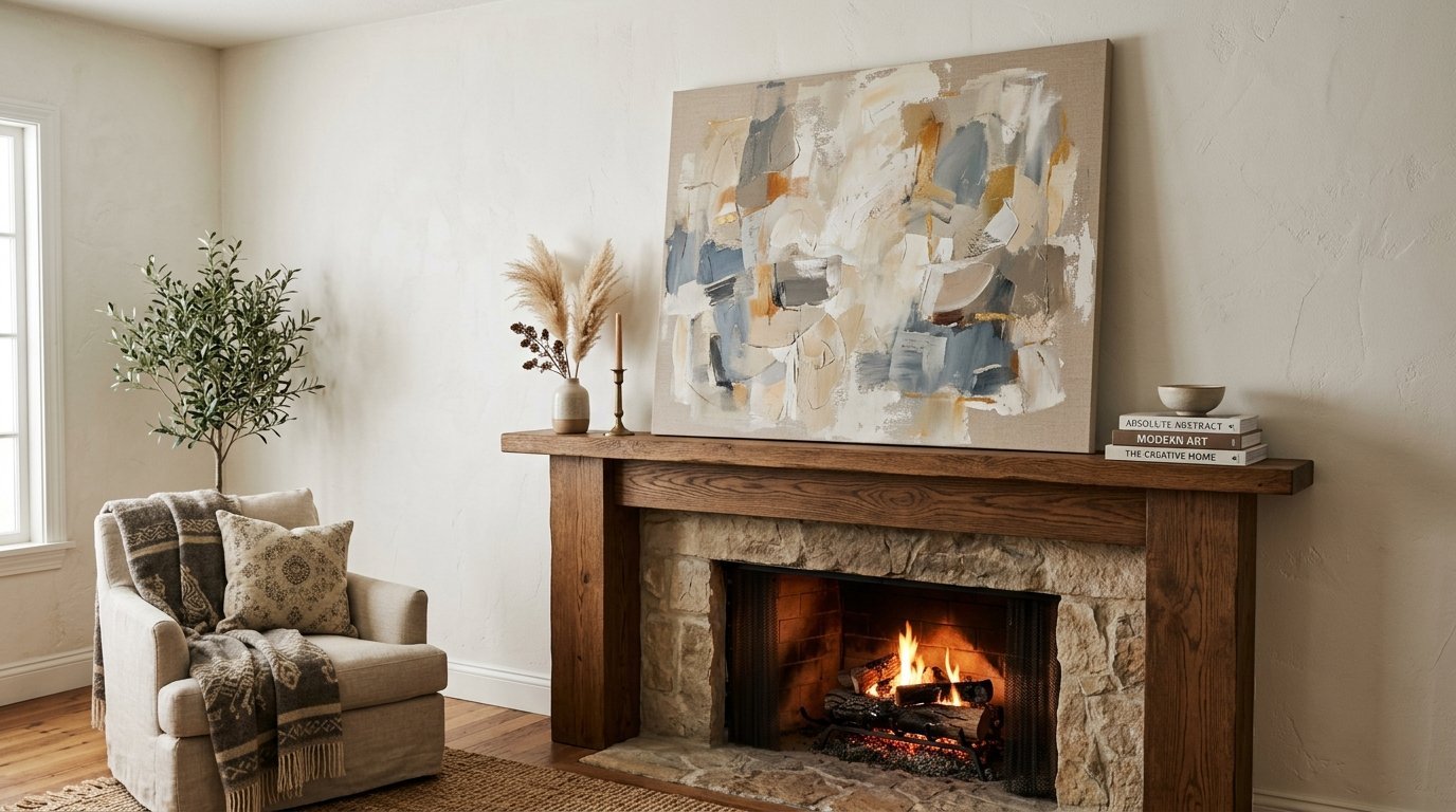 Modern abstract painting sitting on a wooden mantelpiece with a burning fire and an armchair nearby.