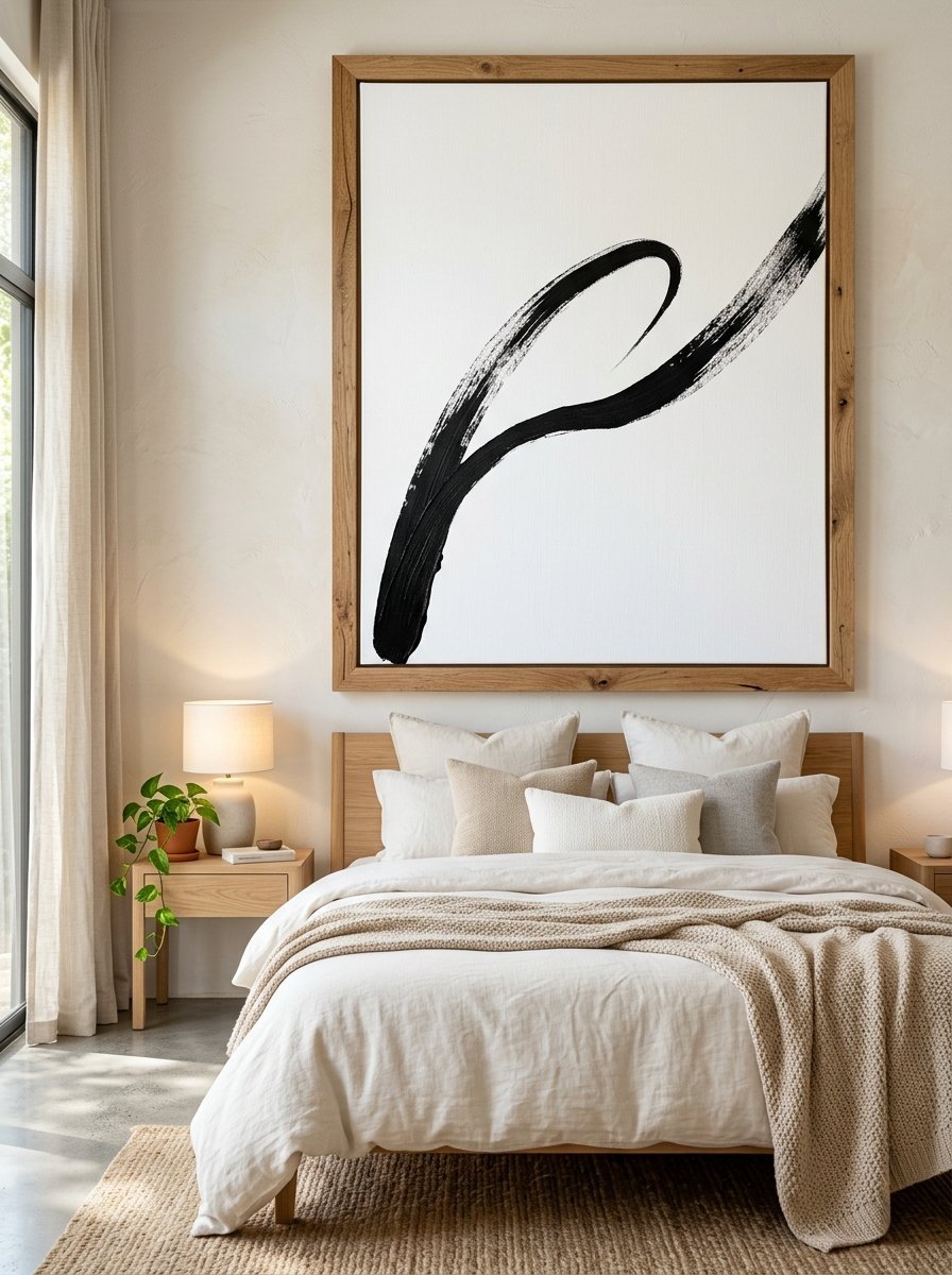 Minimalist bedroom with a natural wood bed, neutral bedding, and a framed abstract black ink painting on white wall.