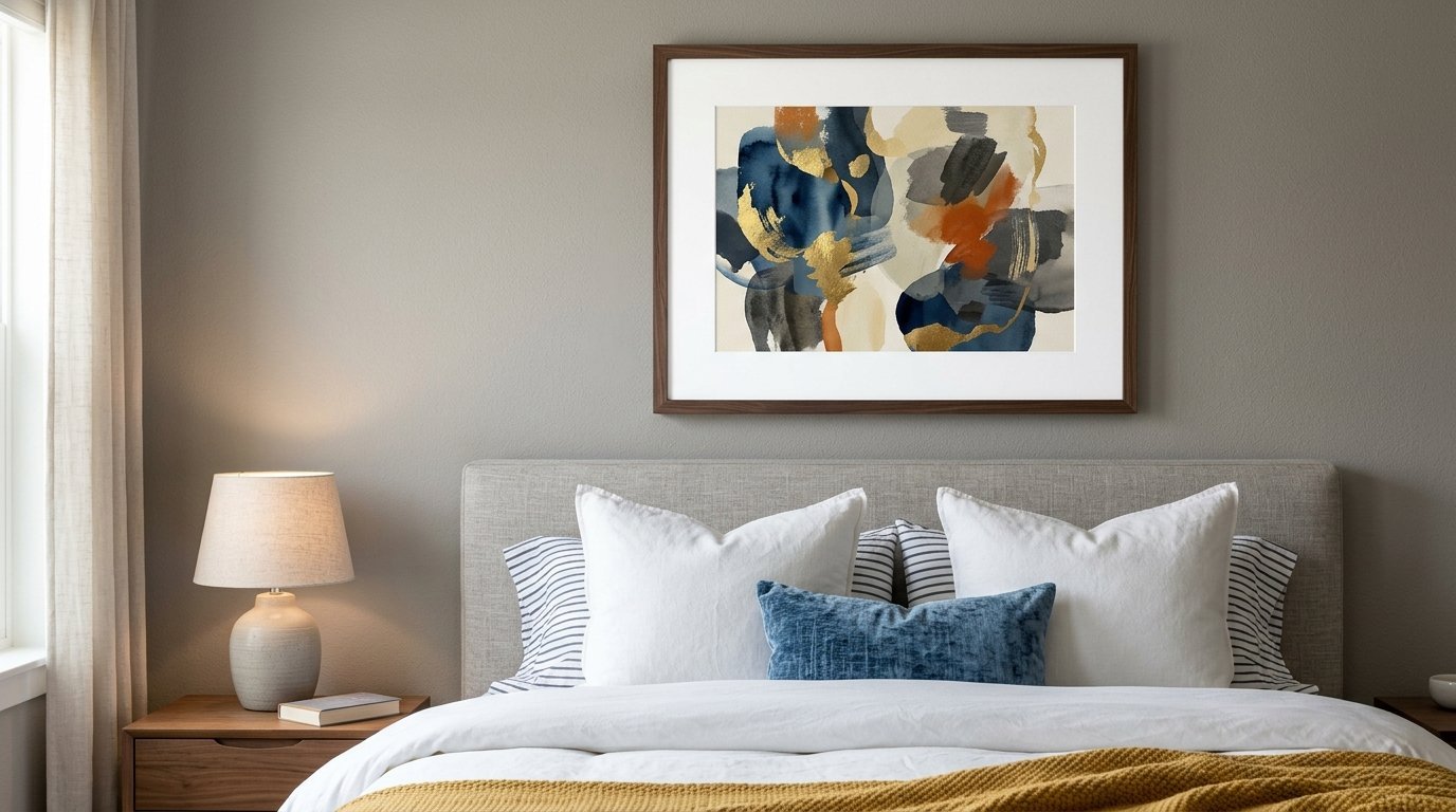 A framed abstract painting with navy, gold, and terracotta colors hanging over a neutral grey bedroom headboard.