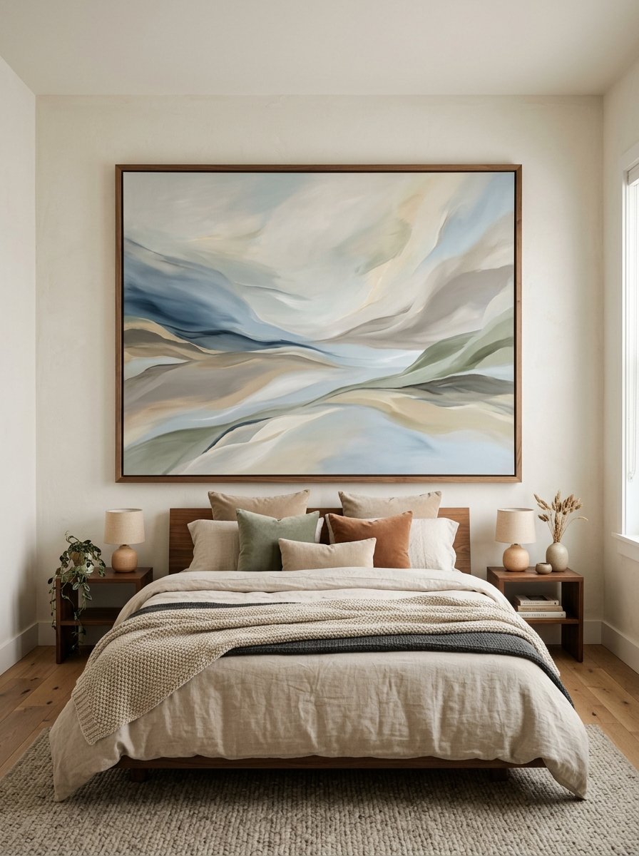 A bedroom features an oversized abstract wall painting in blue, tan, and green colors over a wooden bed with layered pillows.