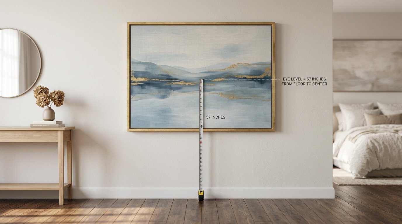 A tape measure showing wall art hung at the standard 57-inch eye-level height above a wooden console table.