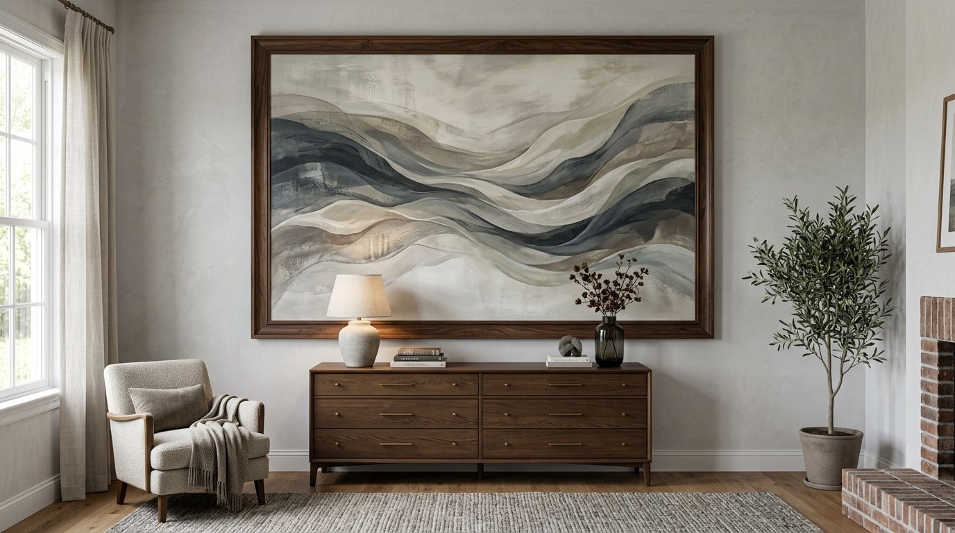Large framed abstract painting with wavy earth tones hung over a walnut sideboard and a cozy armchair.