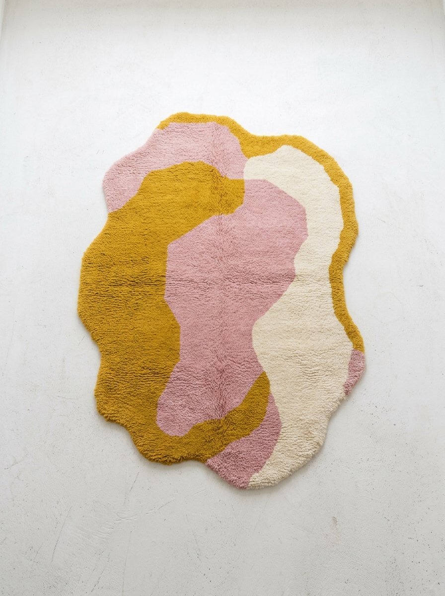 A plush, blob-shaped rug on a white floor featuring wavy color blocks of mustard yellow, soft pink, and off-white.