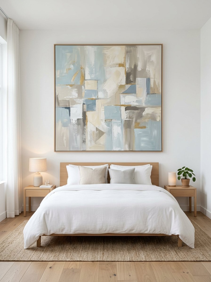 Modern bedroom with a large abstract art piece centered over a simple bed with white bedding and two bedside lamps.