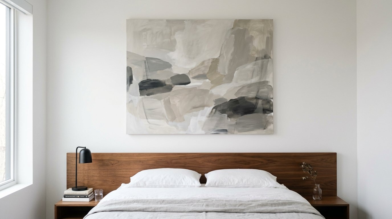Minimalist bedroom featuring a neutral-toned abstract canvas art piece mounted on a white wall over a walnut bed.