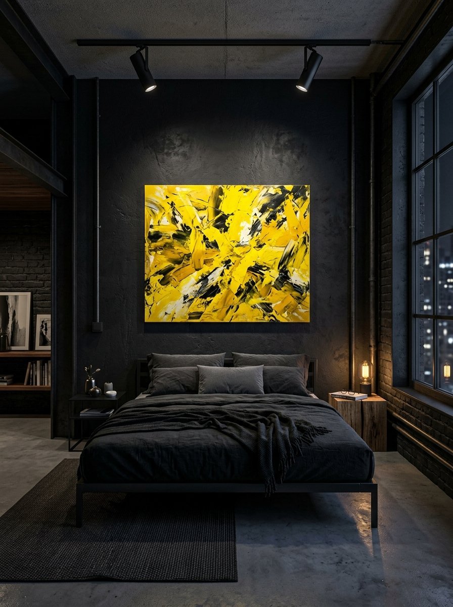A vibrant yellow and black abstract painting illuminates a dark, moody industrial bedroom with a platform bed.